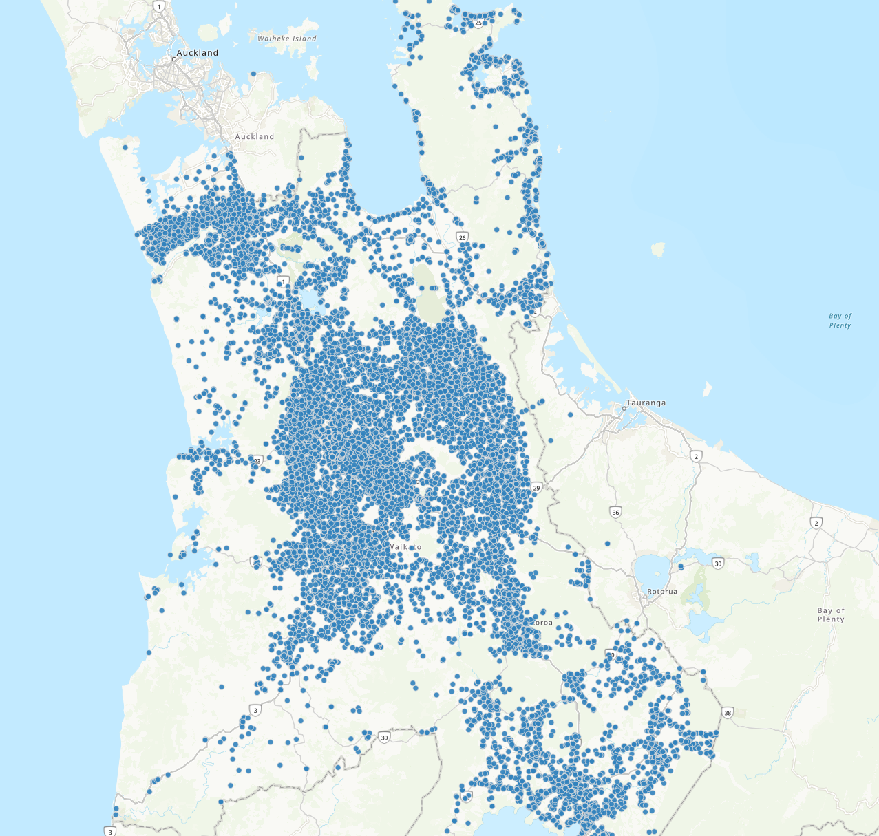 Bore well mapping data showing thousands of water bore locations across the Waikato region